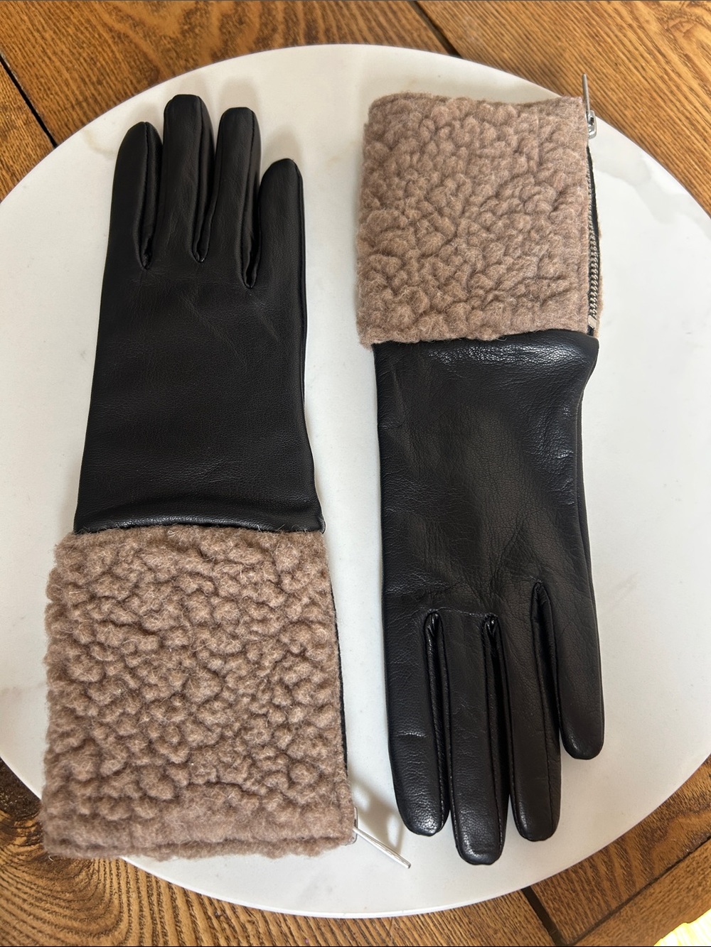 AllSaints Faux Shearling Leather Gloves Black Natural